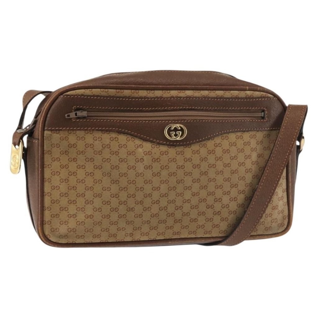 Authentic Gucci Micro Gg Canvas Shoulder Bag Suede Beige Gold